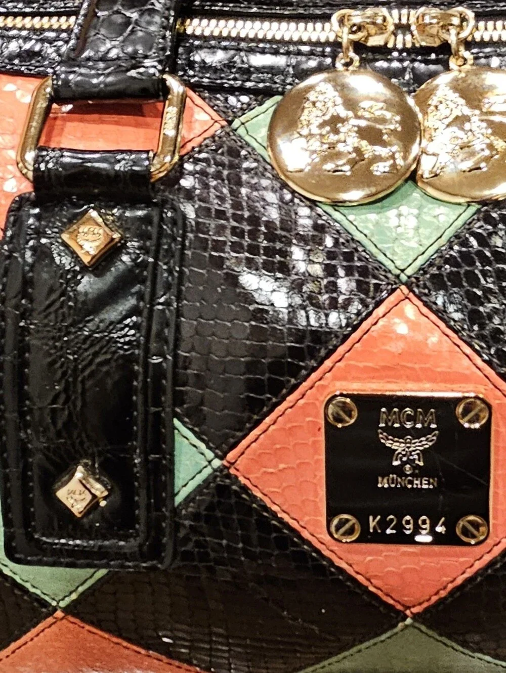 MCM Diamond Pattern Multicolor Croc Embossed Patent and Snakeskin Boston Bag